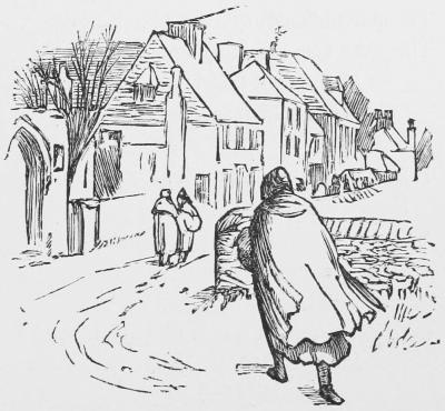 A scene of a village street with people wearing winter  clothings
