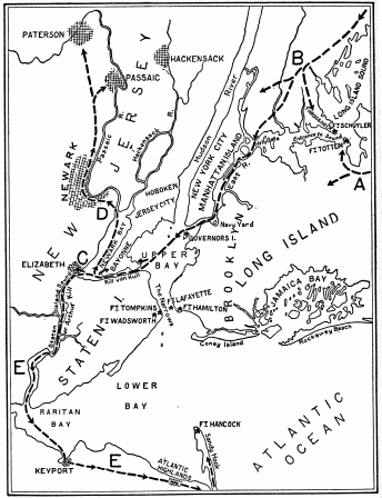 Image unavailable: THE ATTACK ON THE NEW YORK DEFENCES   A. Attack on Ft. Totten. B. Attack on Ft. Schuyler. C and D. Course of Troops Capturing New Jersey Manufacturing Cities. EE. Attack on Sandy Hook Forts.  