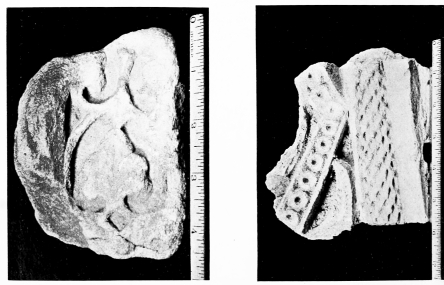 Fig. 157.—SÂMARRÂ, BEIT EL KHALÎFAH, FRAGMENT OF RINCEAUX WORKED IN MARBLE.