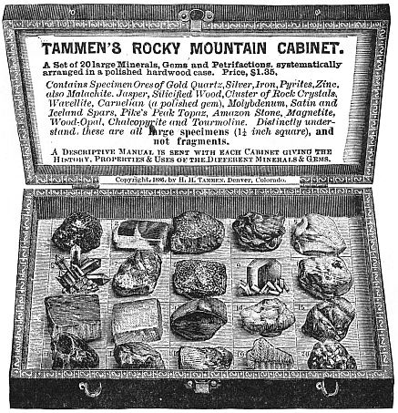 Box of Rocks TAMMEN’S ROCKY MOUNTAIN CABINET A set of 20 large Minerals, Gems and Petrifactions, systematically arranged in a polished hardwood case.  Price, $1.35. Contains Specimen Ores of Gold Quartz, Silver, Iron, Pyrites, Zinc, also Malachite, Jasper, Silicified Wood, Cluster of Rock Crystals, Wavellite, Carnelian (a polished gem), Molybdenum, Satin and Iceland Spars, Pike’s Peak Topaz, Amazon Stone, Magnetite, Wood-Opal, Chalcopyrite and Tourmoline. Distinctly understand these are all large specimens (1¼ inch square), and not fragments. A Descriptive Manual is sent with each Cabinet giving the History, Properties & Uses of the Different Minerals & Gems. Copyright, 1886, by H. H. Tammen, Denver, Colorado.