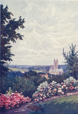 Image unavailable: THE CATHEDRAL, ST MARTIN’S CHURCH TOWER, AND HARBLEDOWN  From the Priory Garden, Canterbury