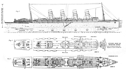 Image unavailable: THE CUNARD LINER “LUSITANIA;” LONGITUDINAL ELEVATION AND DECK PLANS.  CONSTRUCTED BY MESSRS. JOHN BROWN AND CO., LIMITED, SHIPBUILDERS AND ENGINEERS, CLYDEBANK.