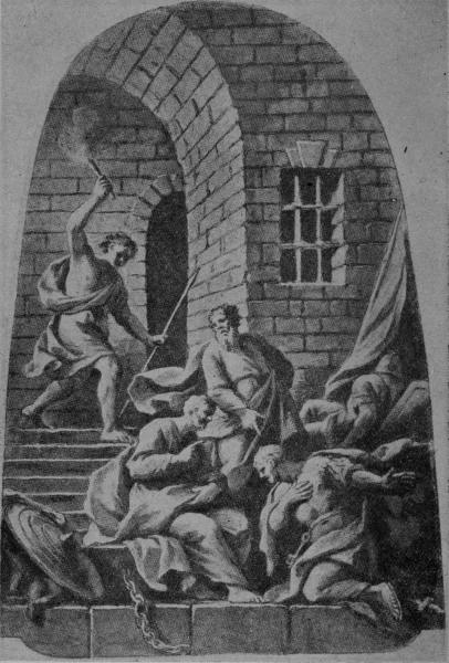 PAUL AND SILAS IN PRISON AT PHILIPPI. Then he called for a light, and sprang in and came trembling and fell down before Paul and Silas.