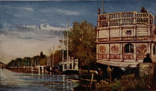 THE RIVER ISIS  On the right is the gold and white barge of Magdalen College undergoing repair. The masts and barges of other colleges line the side of the river, and Folly Bridge closes the prospect.
