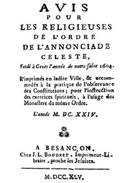 Avis pour les religieuses de l'ordre de l'Annonciade celeste, fondé à Genes l'année de notre Salut 1604