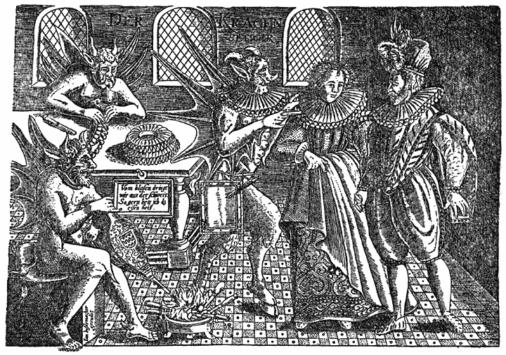 160. Duitsche karikatuur uit de 17e eeuw op de molensteenkragen en de Spaansche mode.