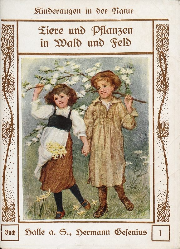 Titelbild mit Junge und Mädchen, einen blühenden Zweig tragend