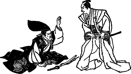 Illustration: Moronao on knees with Wakasanosuke standing in front