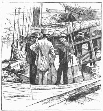 Captain Slocum, Sir Alfred Milner (with the tall hat), and Colonel Saunderson, M. P., on the bow of the Spray at Cape Town.