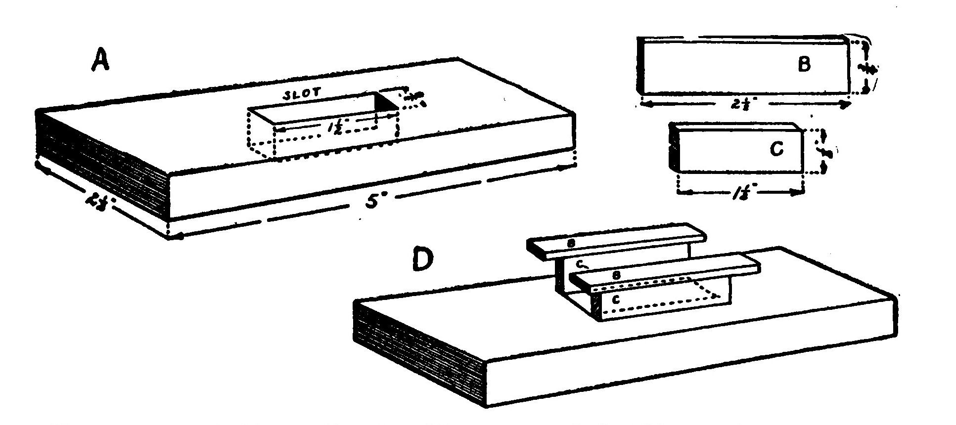Fig. 102.—*A*, Base, showing Slot. *B* and *C*, Sides and Top of the Bobbin. *D*, Base and Bobbin in Position.