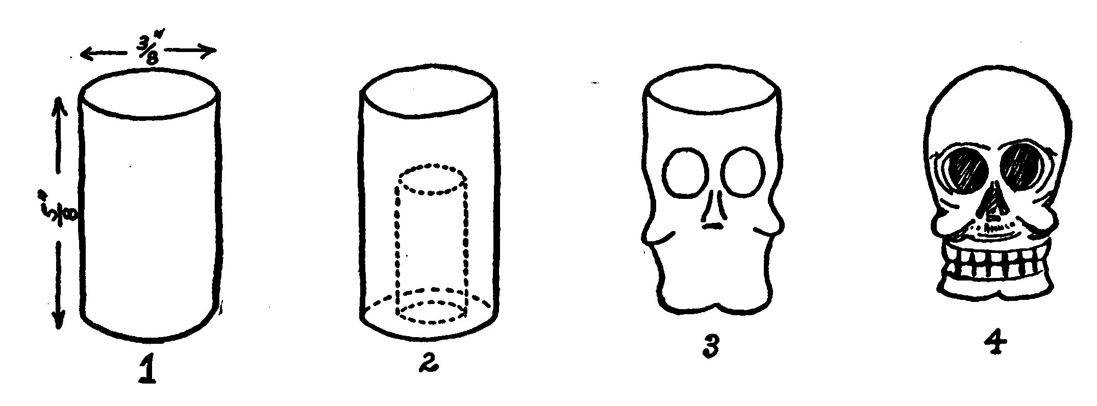 Fig. 301.—Four Steps in Carving a Skull Scarf-Pin. 1. The Bone. 2. Hole drilled in Base. 3. Roughed out. 4. Finished.