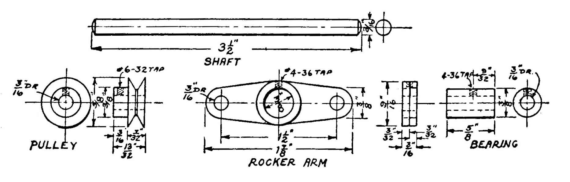 FIG. 71.—Details of the Shaft, Rocker Arm, Bearing and Pulley.
