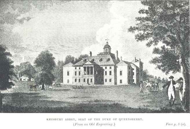 Amesbury Abbey, seat of the Duke of Queensbury.  (From an Old Engraving.)