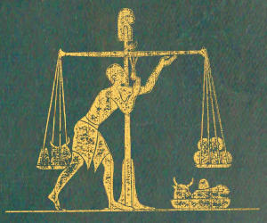 Drawing of a man and a large pair of weighing scales