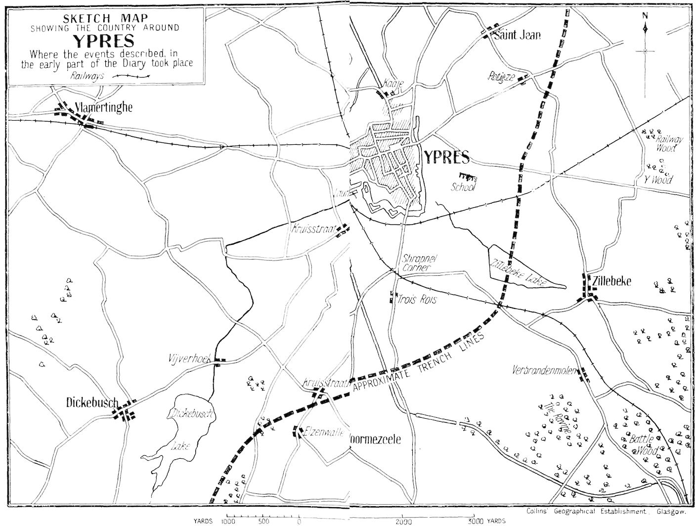 SKETCH MAP SHOWING THE COUNTRY AROUND YPRES Where the events described, in the early part of the Diary took place