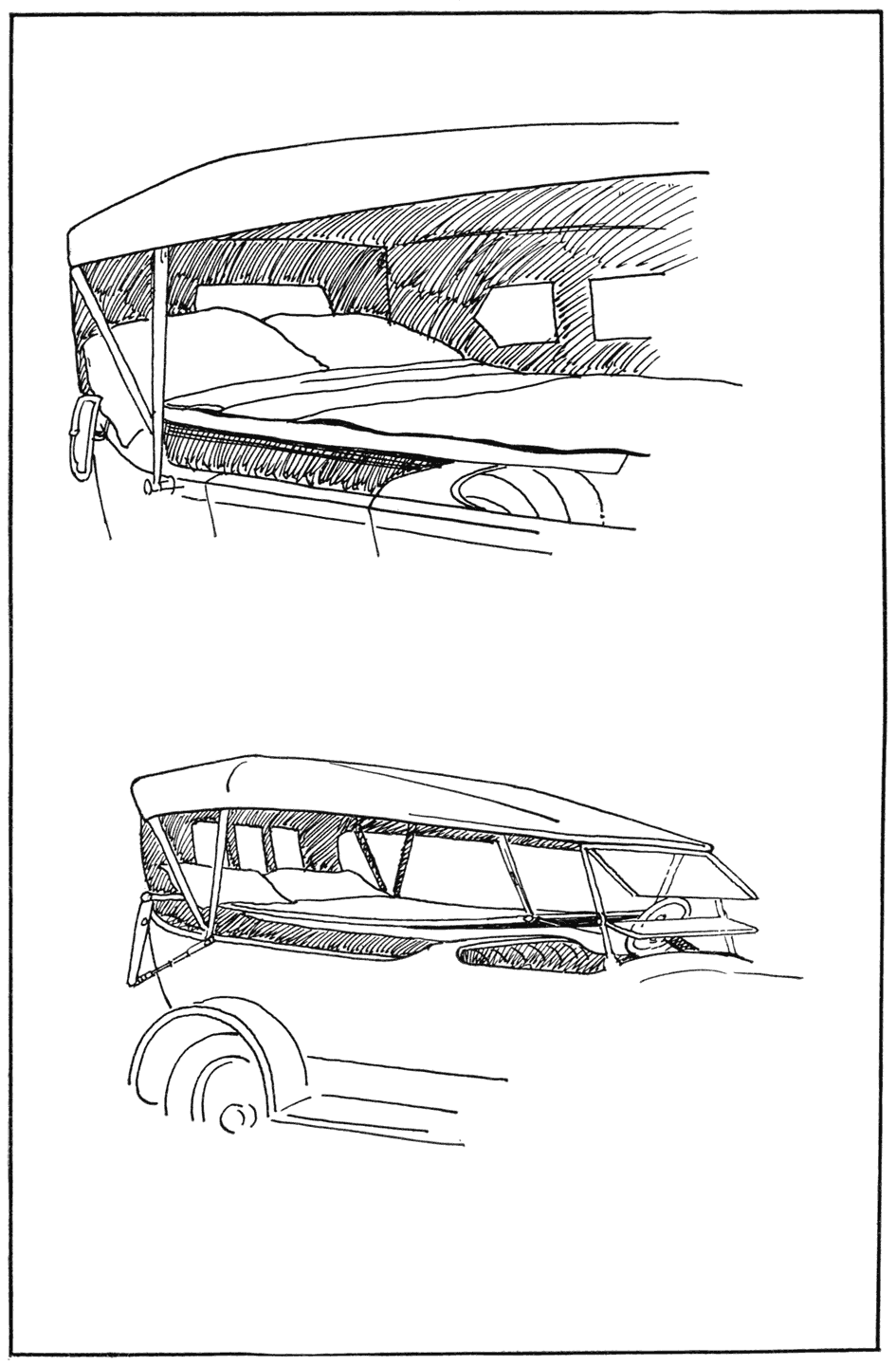 Above is shown the McMillan Auto-Bed for use in touring cars; a special size is made for Fords. The lower drawing is the Universal Car Bed which operates on the suspension principle