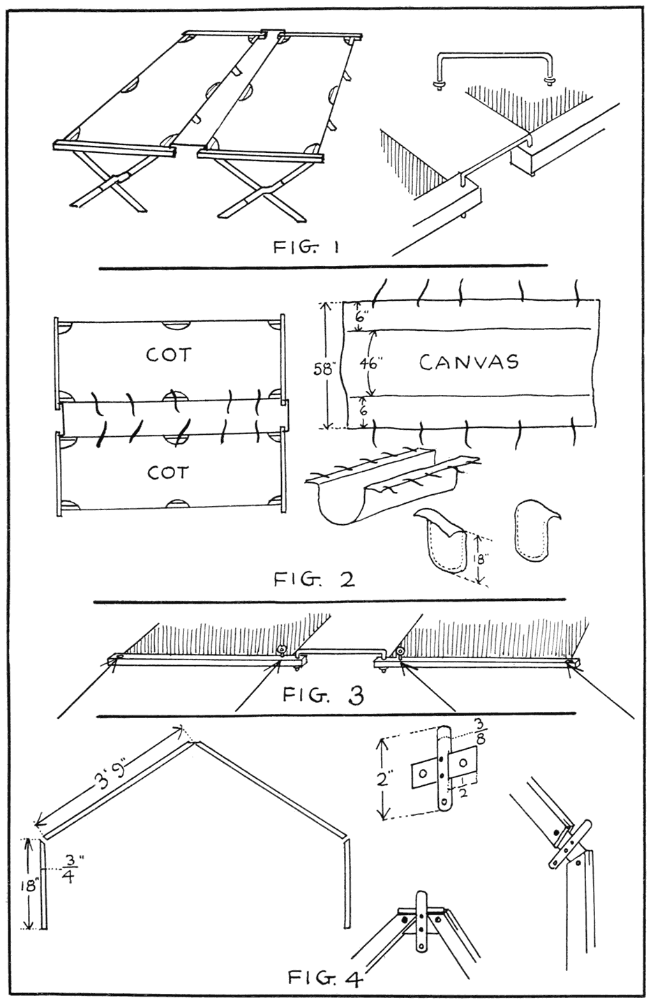 Basis for home-made tenting outfit built by Mr. Frederick W. Huntington of Brooklyn, N. Y. Note the two standard army cots, the canvas trough, the sticks of the frame work, and the design of the joints.