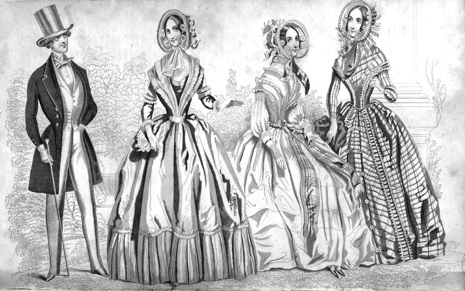 three ladies and a gentleman dressed in latest fashion