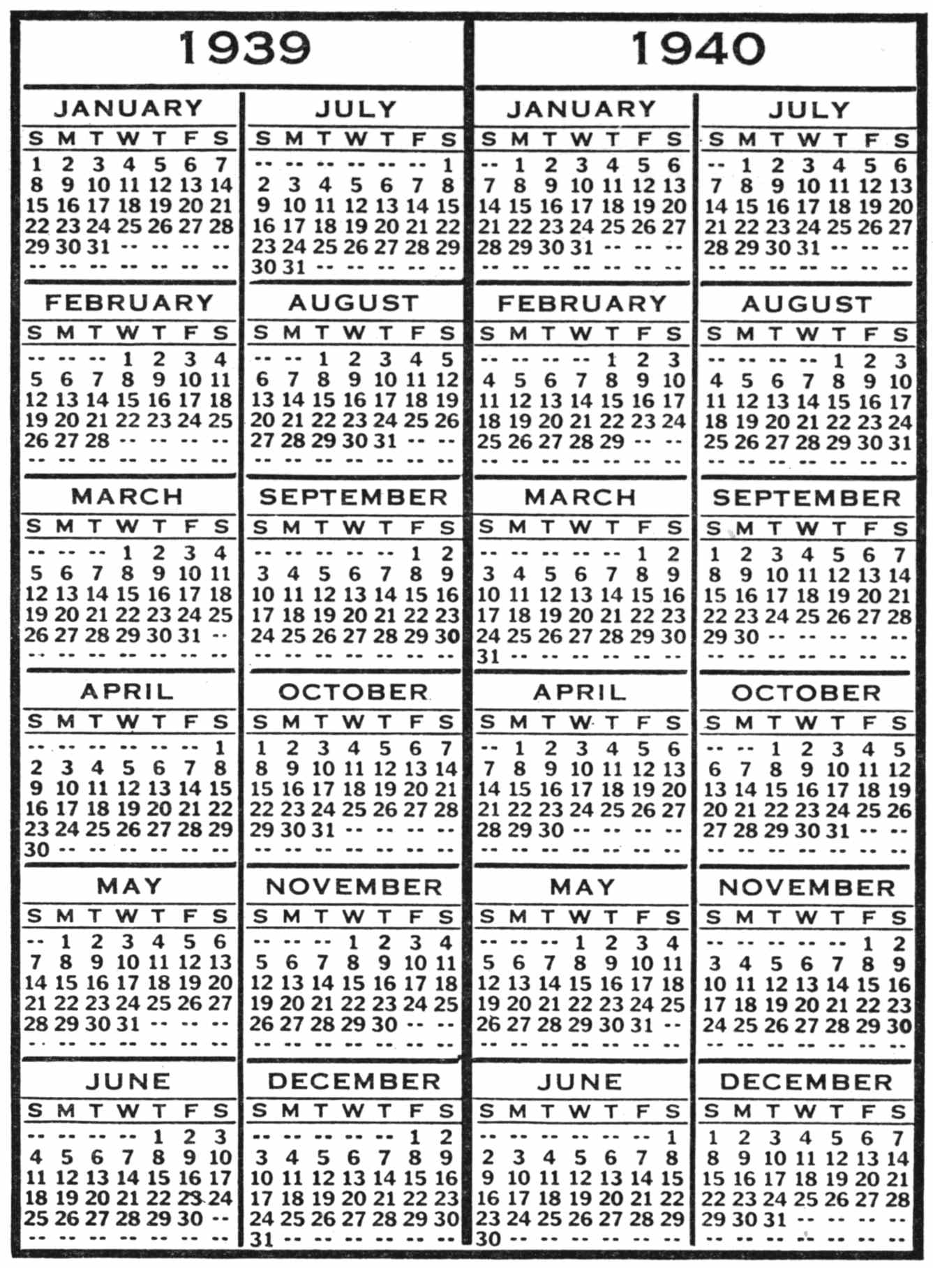 Calendar Grid for 1939 and 1940
