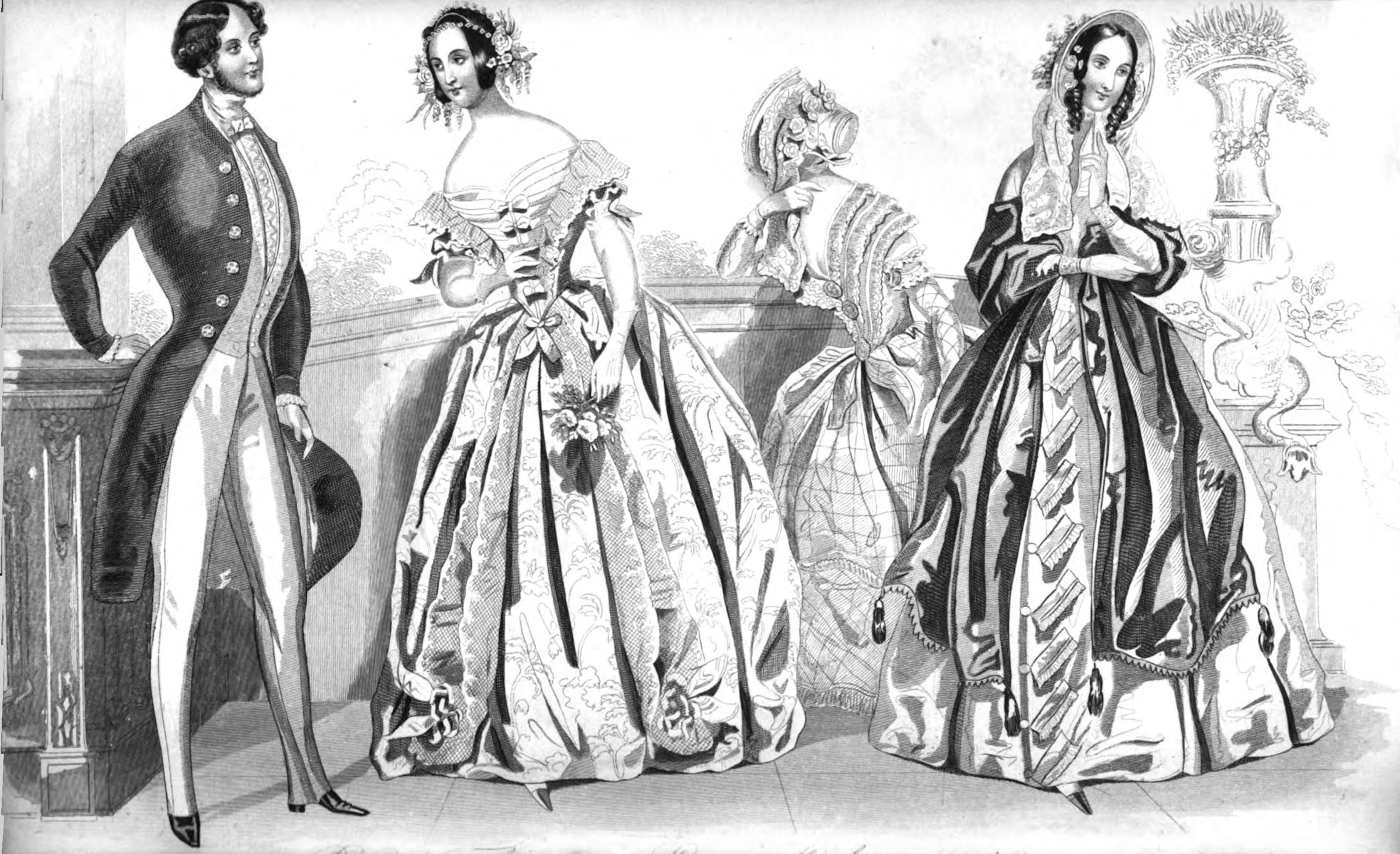 Three ladies and a gentleman dressed in latest fashions