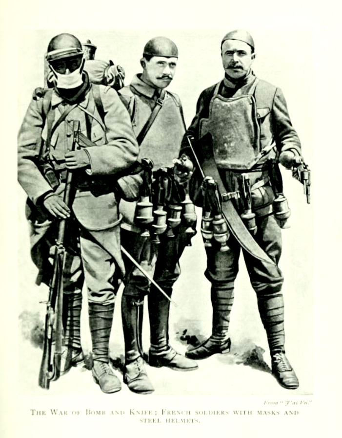 The War of Bomb and Knife: French soldiers with masks and steel helmets.