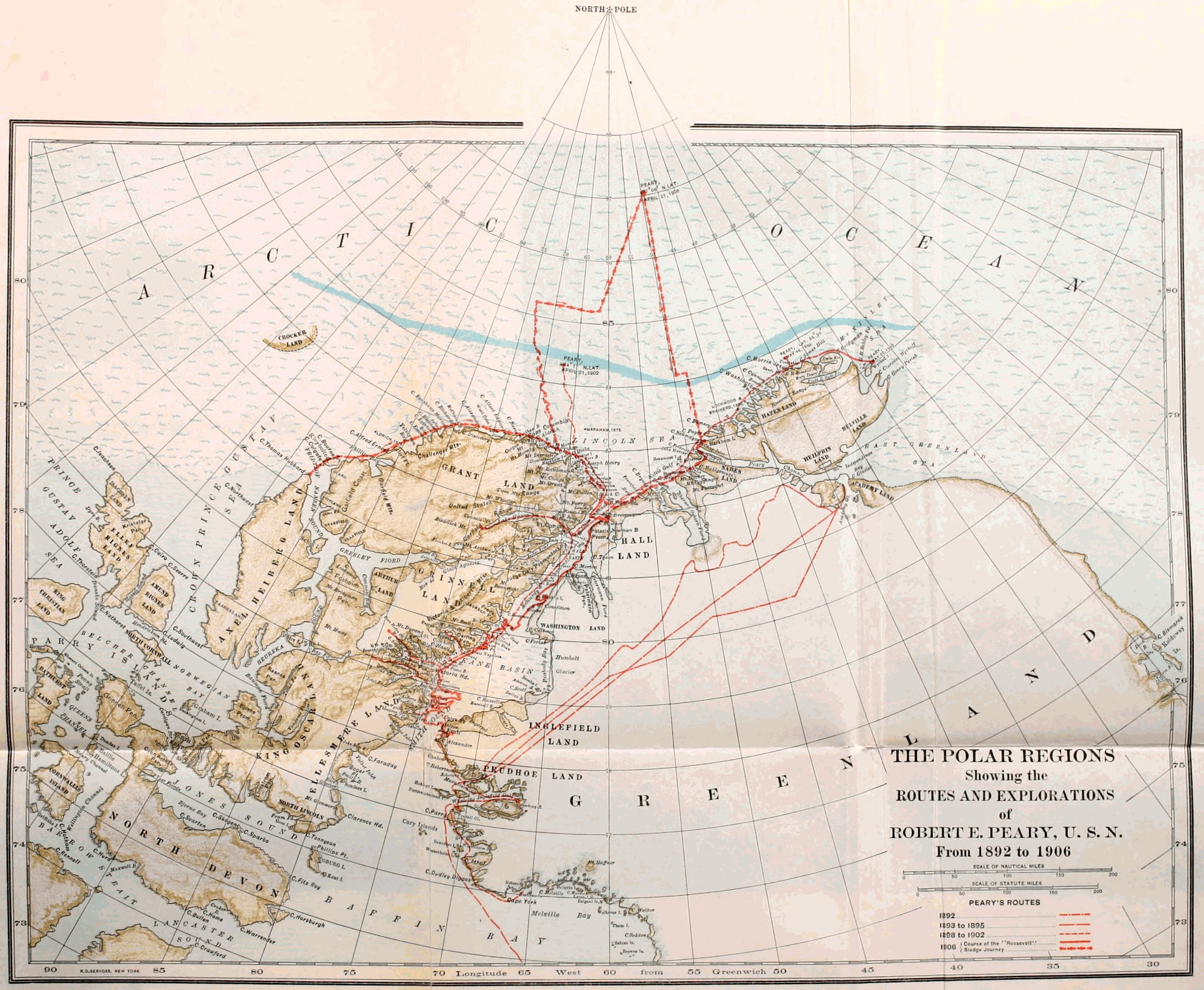 THE POLAR REGIONS Showing the ROUTES AND EXPLORATIONS of ROBERT E. PEARY, U. S. N. From 1892 to 1906