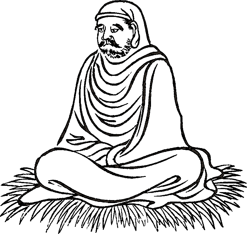 Daruma seated cross-legged on straw in apparent meditation.