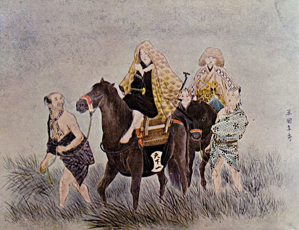 Man seated on horse being led by walking attendants.
