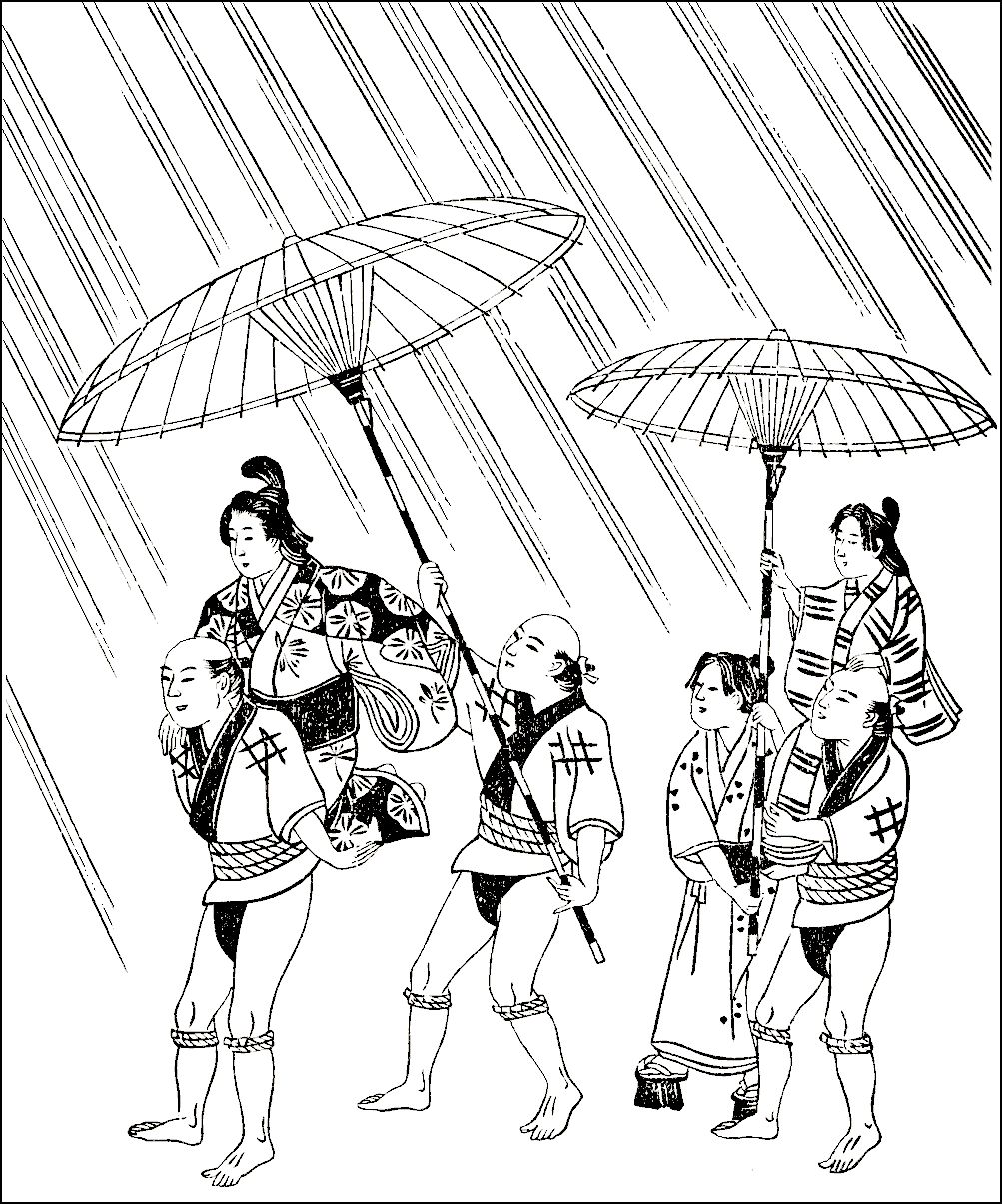 Courtesans being carried protected by rain using umbrellas