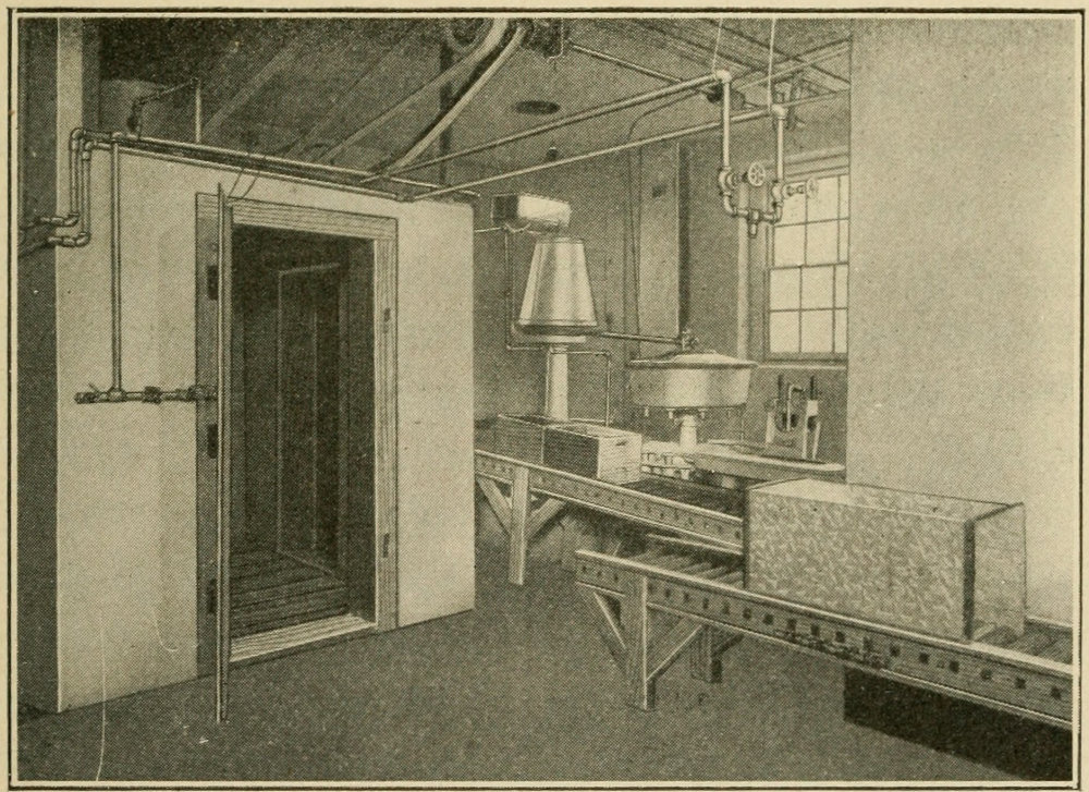 Interior view of milk house showing sterilizing oven, cooler, bottle filler and conveyor for cases.