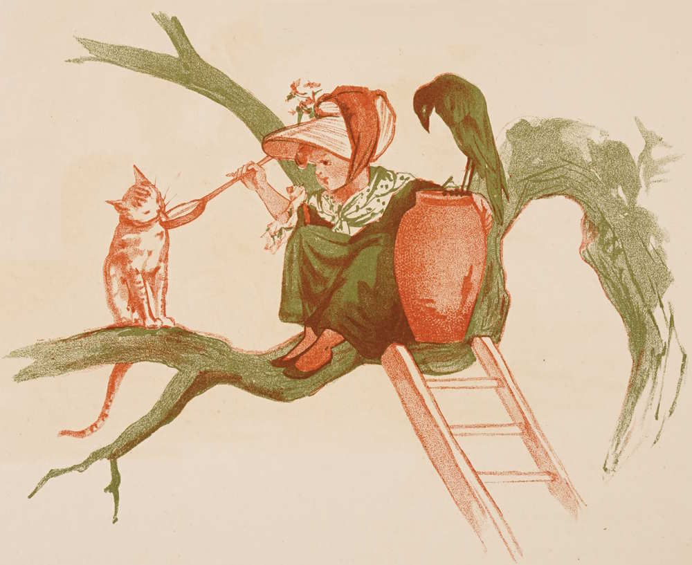 Girl feeding cat in tree