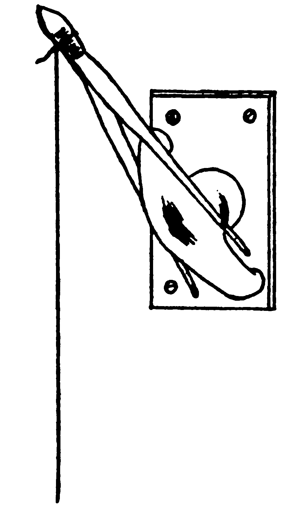 The latch of a door bolt set at     an angle, with a pair of tweezers clipped onto it lengthwise. A     string hangs down from the handle of the tweezers.