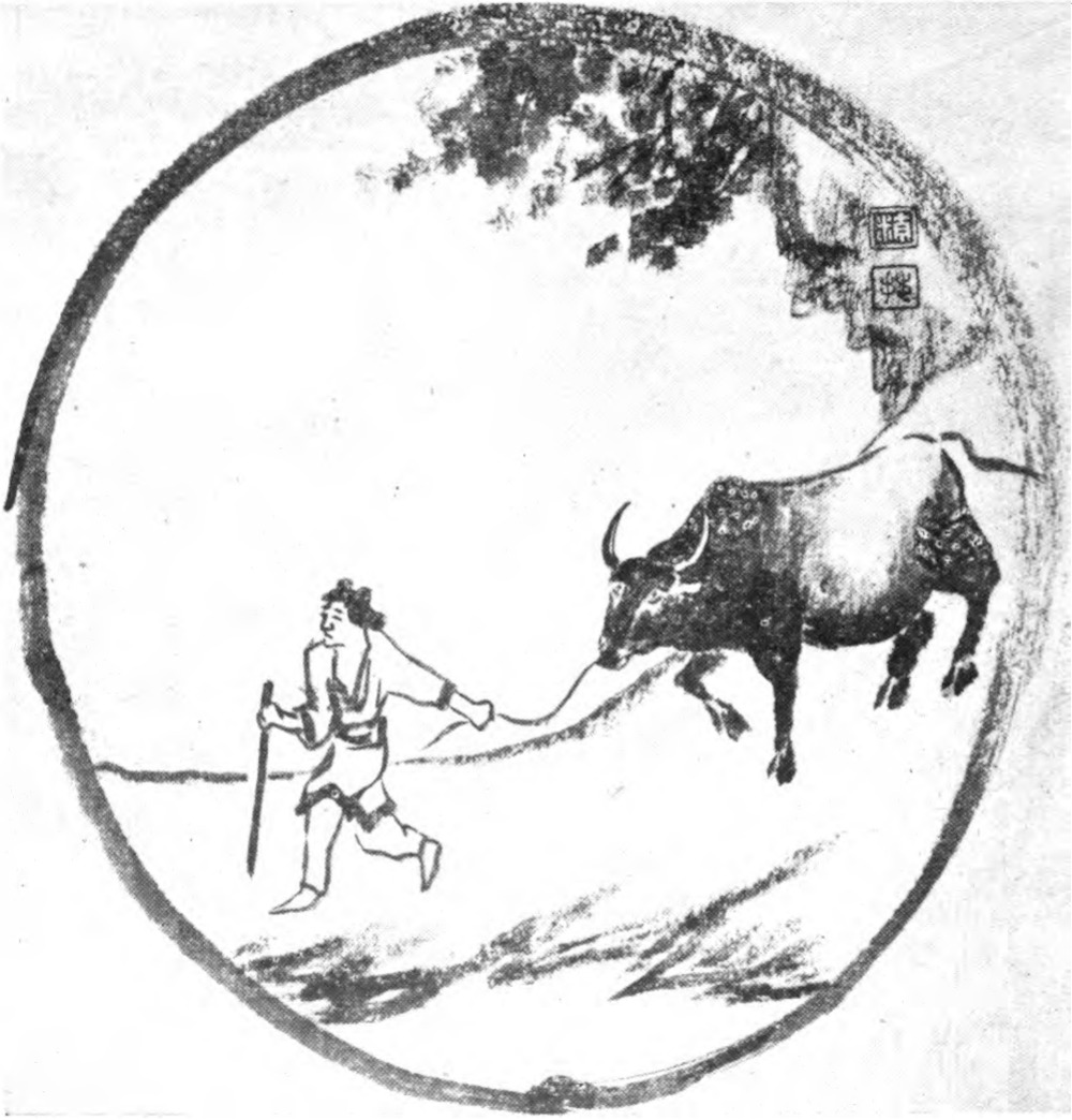 Drawing of a person leading a cow with a rope
