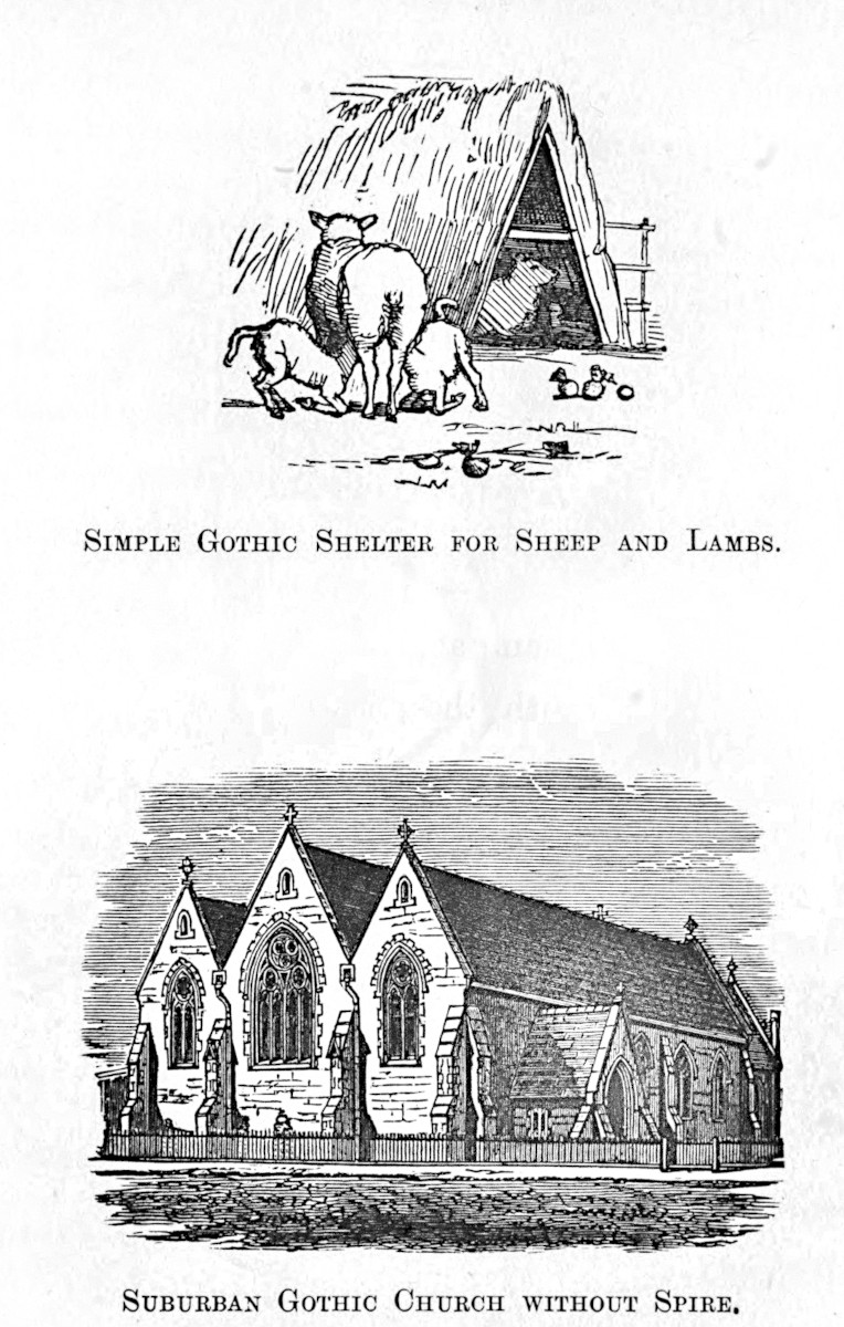 Two images, titled SIMPLE GOTHIC SHELTER FOR SHEEP AND LAMBS and SUBURBAN GOTHIC CHURCH WITHOUT SPIRE.