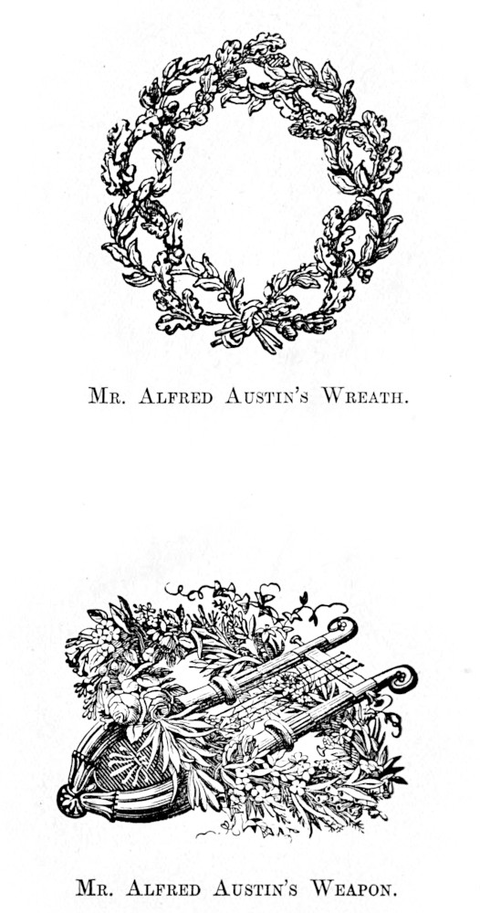 Two images, of MR. ALFRED AUSTIN’S WREATH and MR. ALFRED AUSTIN’S WEAPON (a lute).