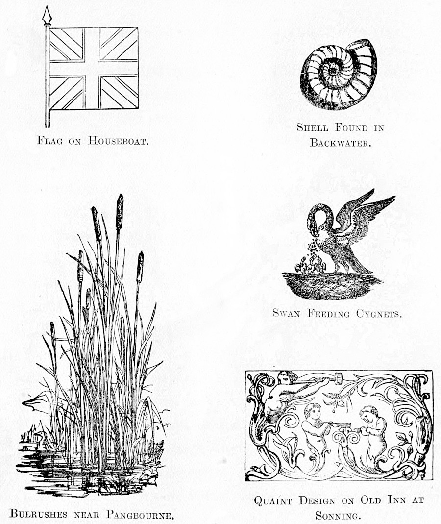 Five small images titled FLAG ON HOUSEBOAT, SHELL FOUND IN BACKWATER, SWAN FEEDING CYGNETS, BULRUSHES NEAR PANGBOURNE, and QUAINT DESIGN ON OLD INN AT SONNING.