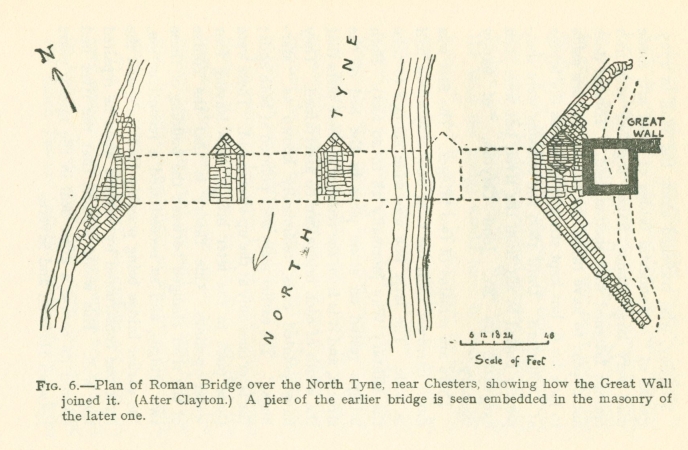Fig. 6.--Plan of Roman Bridge over the North Tyne, near Chesters, showing how the Great Wall joined it.  (After Clayton.)  A pier of the earlier bridge is seen embedded in the masonry of the later one.
