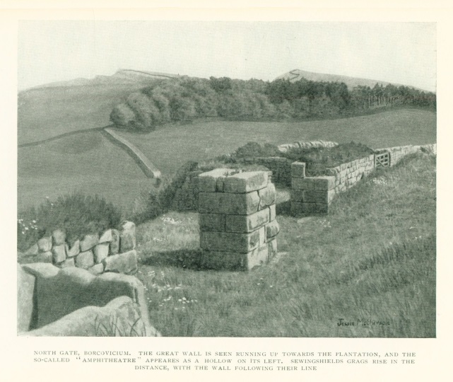 NORTH GATE, BORCOVICIUM. THE GREAT WALL IS SEEN RUNNING UP TOWARDS THE PLANTATION, AND THE SO-CALLED "AMPHITHEATRE" APPEARS AS A HOLLOW ON ITS LEFT. SEWINGSHIELDS CRAGS RISE IN THE DISTANCE, WITH THE WALL FOLLOWING THEIR LINE
