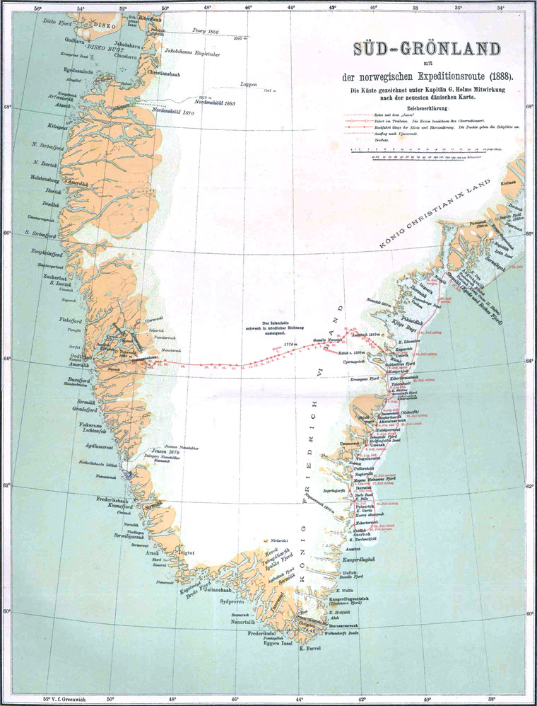 Karte von Südgrönland mit der norwegischen Expeditionsroute (1888)
