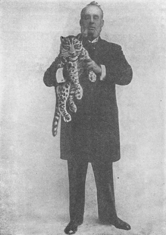 Photograph of Woolston holding a baby leopard