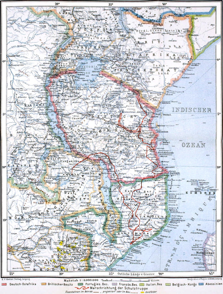 Karte von Deutsch-Ostafrika und   den umgebenden Gebieten