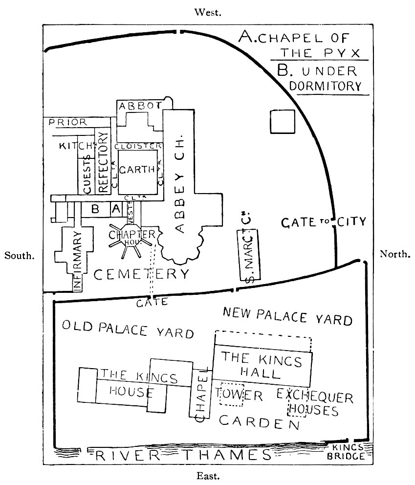 A plan showing the layout of the abbey buildings, and the adjacent palace buildings on the banks of the Thames