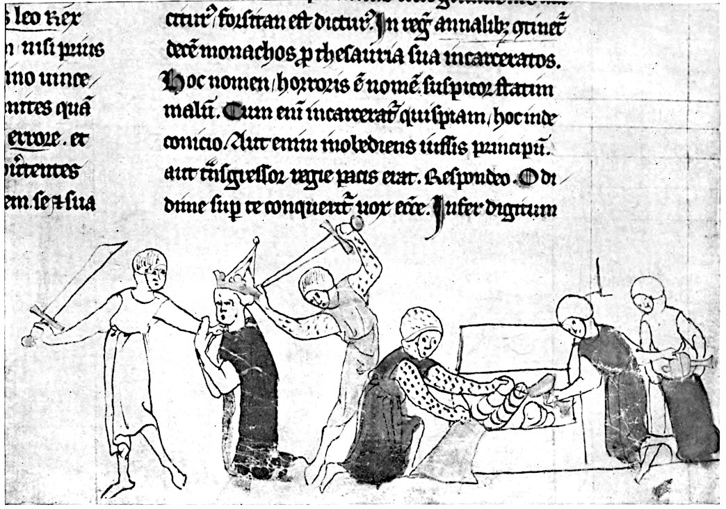 A mediaeval manuscript illustrated with a depiction of Pope Boniface VIII being robbed by Philip the Fair's men