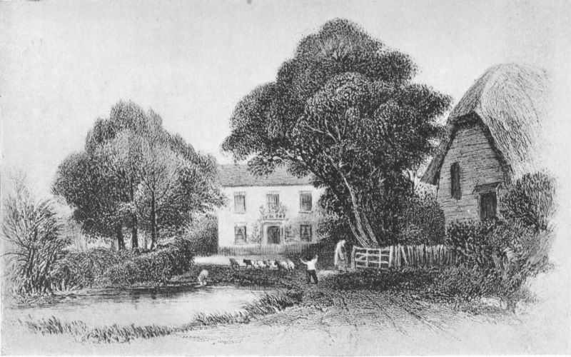 Engraving of a house next to a pond.