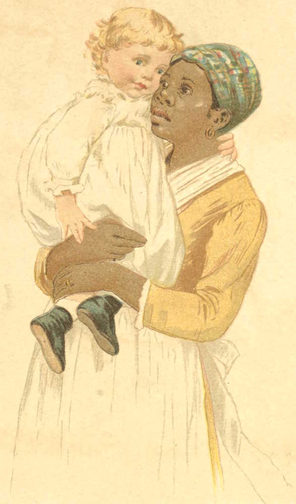 Black lady holding white baby