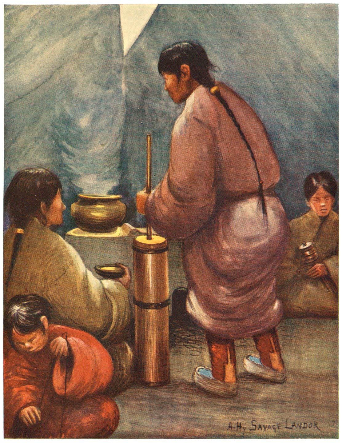 Interior of a Tibetan Tent, showing Churn for mixing Tea with Butter