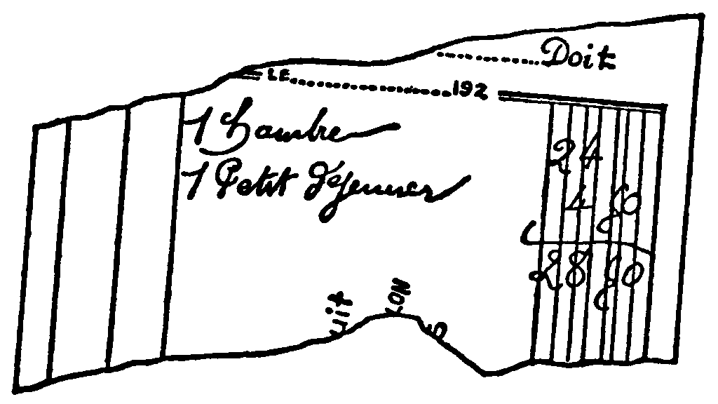 A torn scrap of paper, showing part of a bill for “1 chambre” and “1 petit déjeuner”, totaling to 28 50. The ends of a few other words are visible at the edges of the paper.