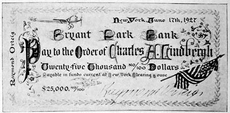 COPY OF THE $25,000 CHECK PRESENTED BY RAYMOND ORTEIG