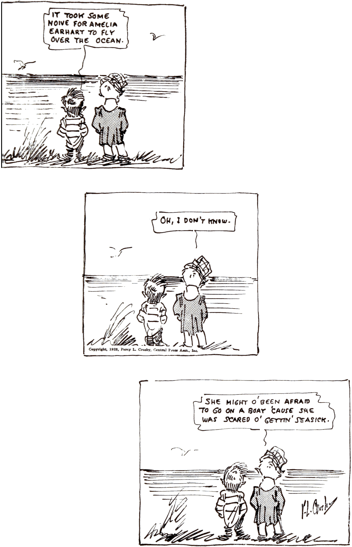Drawing 3 vertical panel comic of 2 boys gazing out at ocean