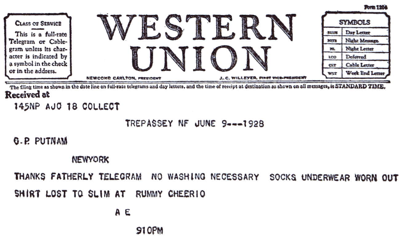 Western Union telegram with message